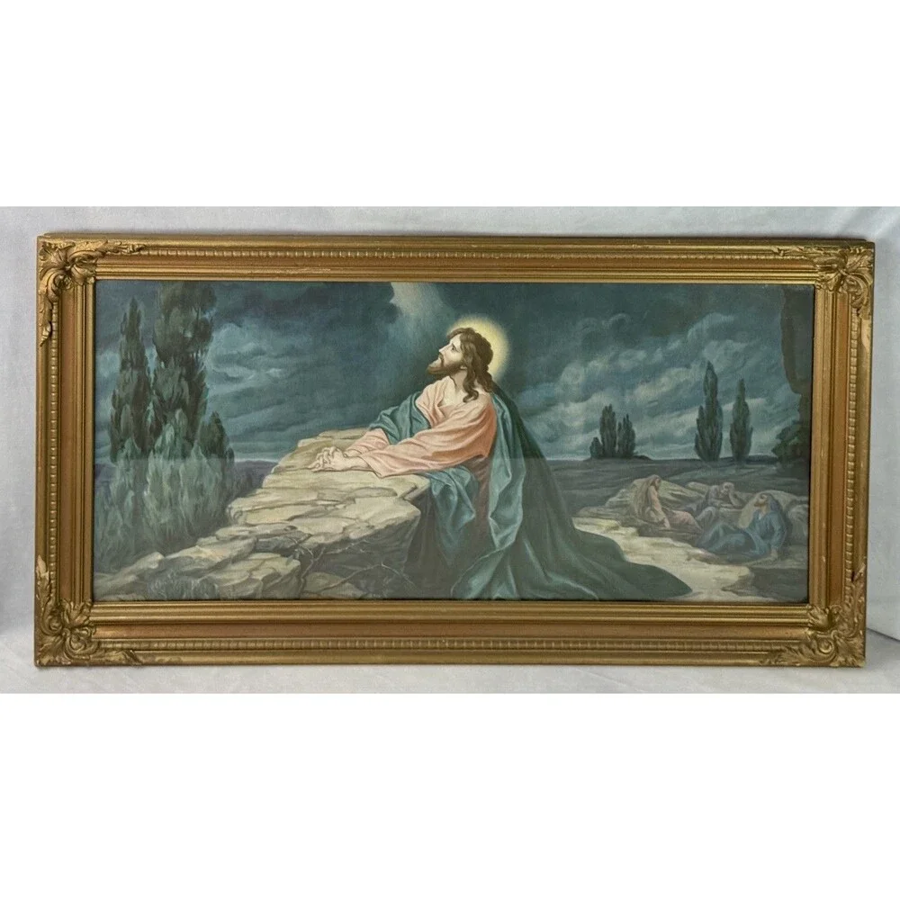 Vintage Jesus Praying Art Under Glass Ornate Gilt Wood Gold Frame Antique